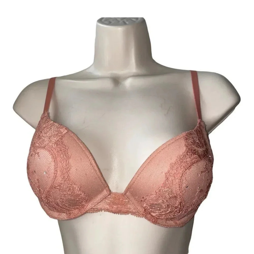 Victoria's Secret 32C DREAM ANGELS Glitter Pushup Champagne Bra Floral Lace Mesh